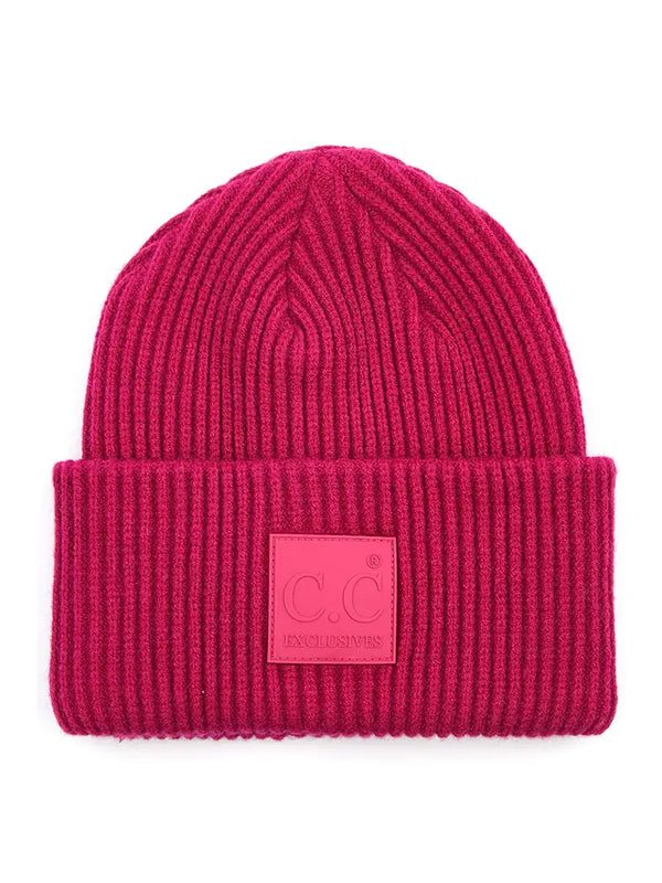 C.C. Solid Ribbed Knit Patch Beanie