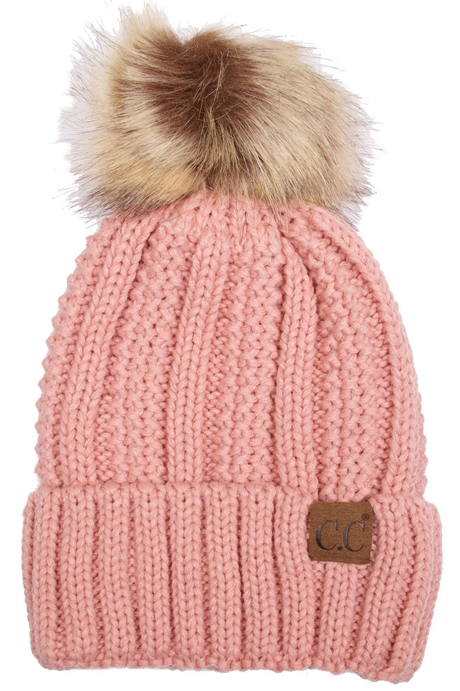 C.C. Knit Pom Beanie with Fuzzy Lining