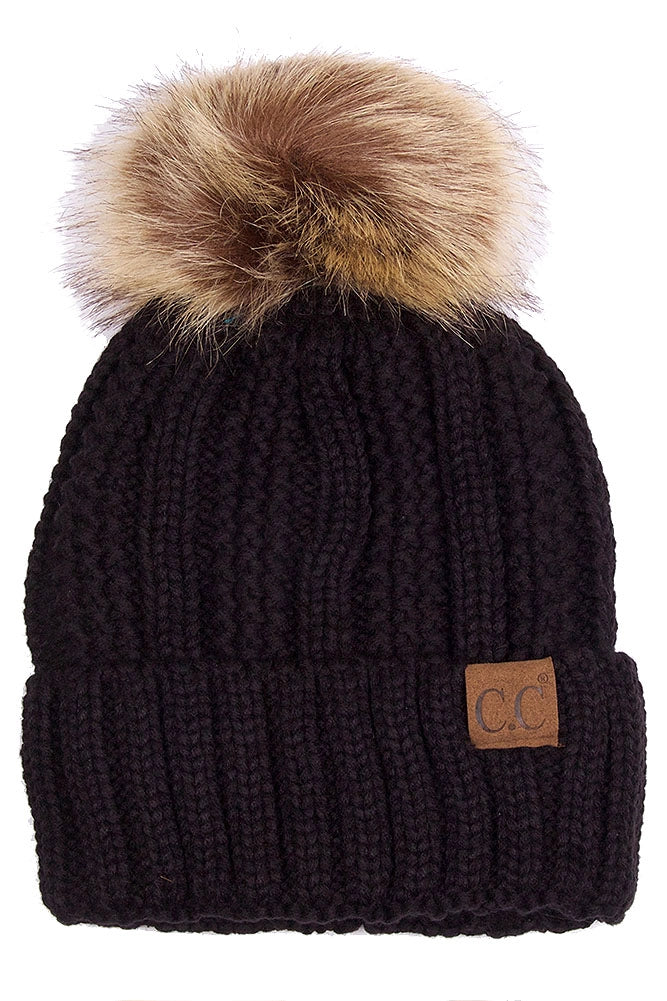 C.C. Knit Pom Beanie with Fuzzy Lining