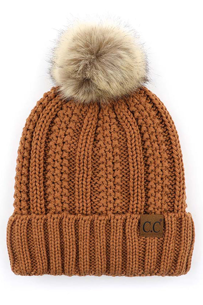 C.C. Knit Pom Beanie with Fuzzy Lining
