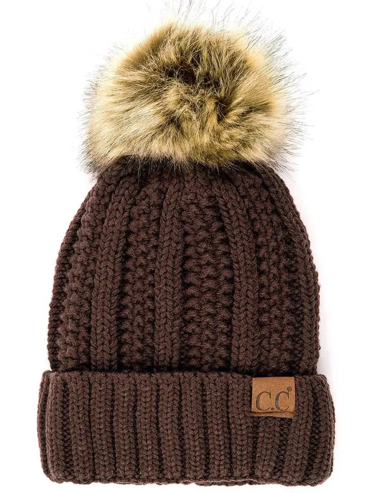 C.C. Knit Pom Beanie with Fuzzy Lining