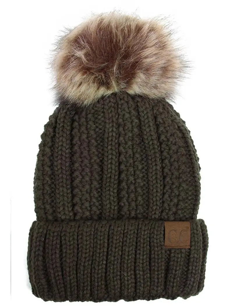 C.C. Knit Pom Beanie with Fuzzy Lining
