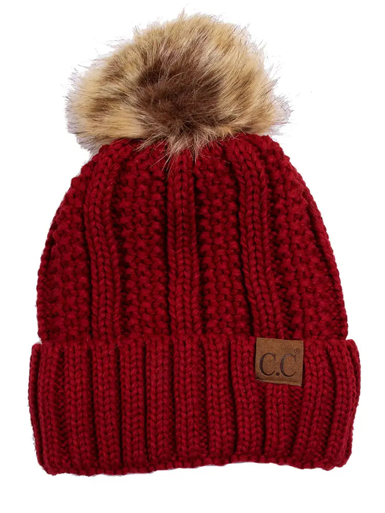 C.C. Knit Pom Beanie with Fuzzy Lining