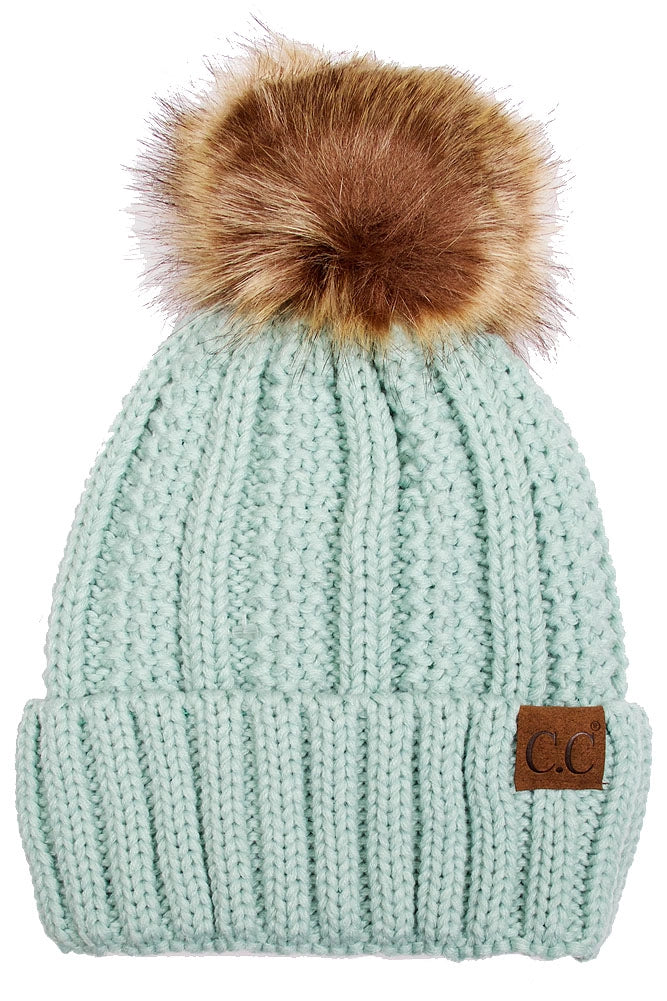C.C. Knit Pom Beanie with Fuzzy Lining