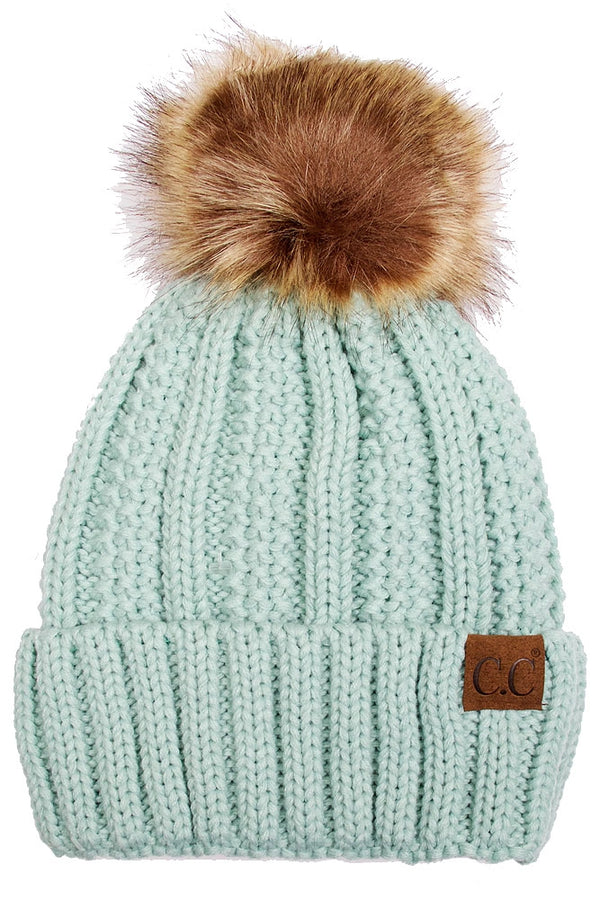 C.C. Knit Pom Beanie with Fuzzy Lining