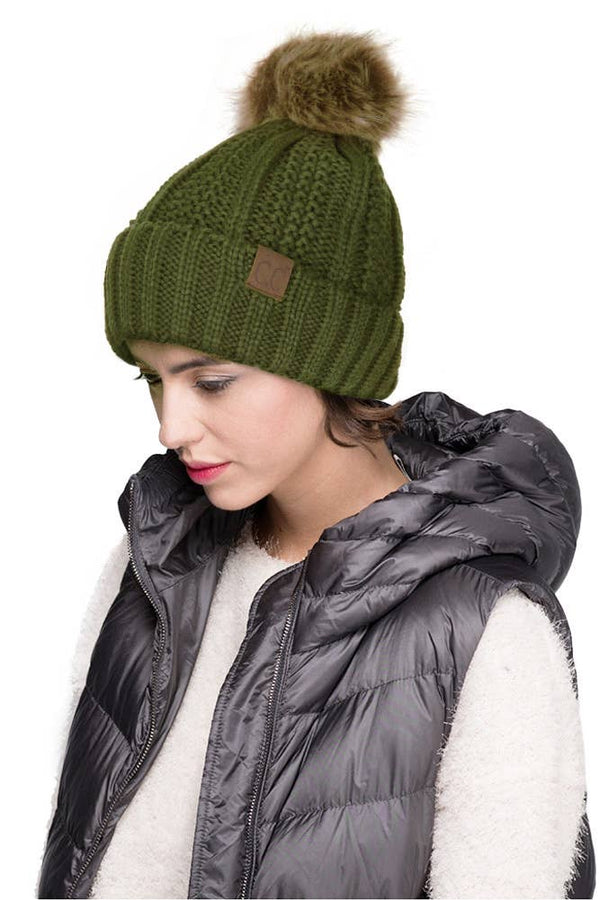 C.C. Knit Pom Beanie with Fuzzy Lining