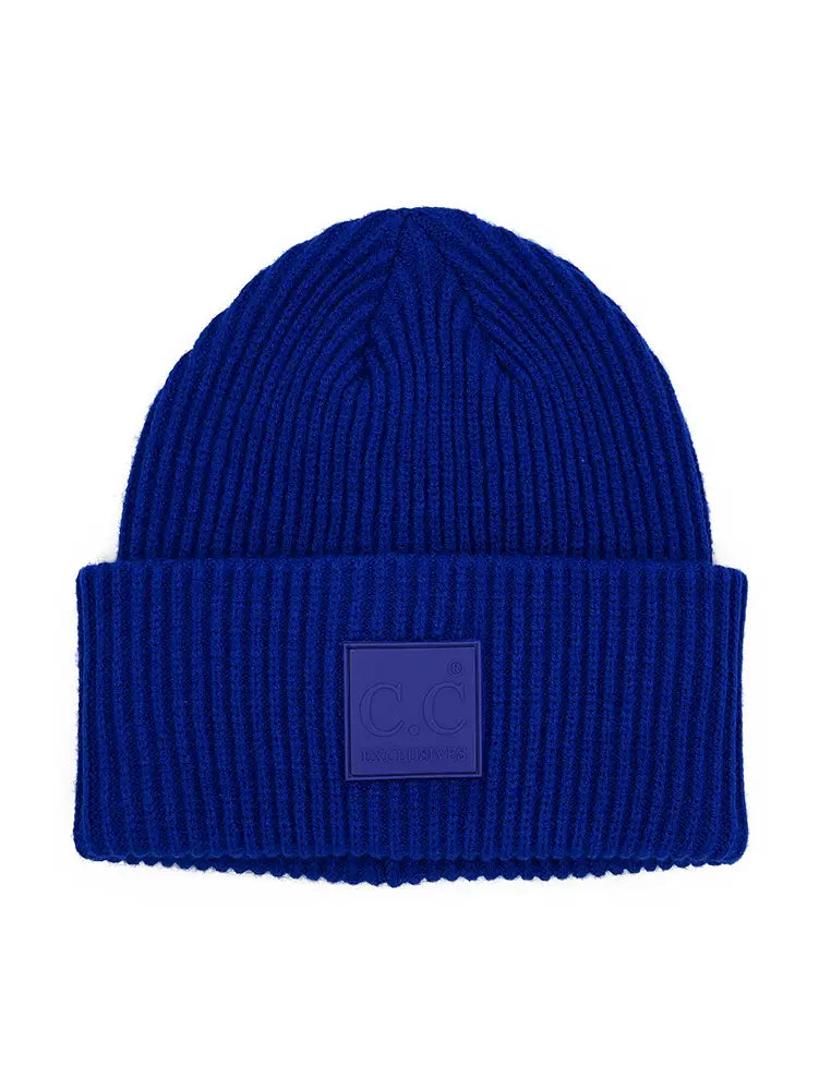 C.C. Solid Ribbed Knit Patch Beanie