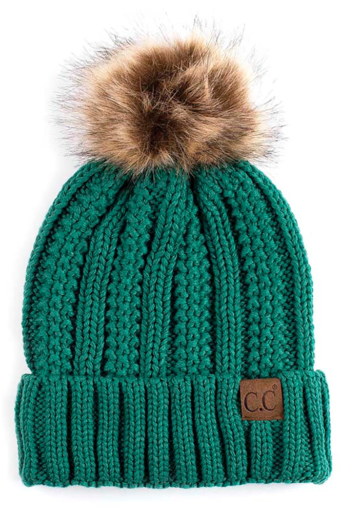 C.C. Knit Pom Beanie with Fuzzy Lining
