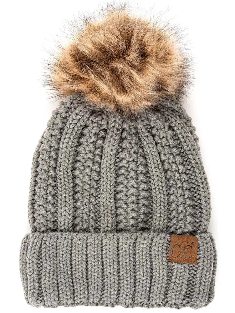 C.C. Knit Pom Beanie with Fuzzy Lining
