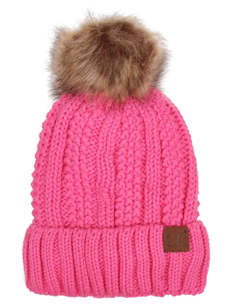 C.C. Knit Pom Beanie with Fuzzy Lining