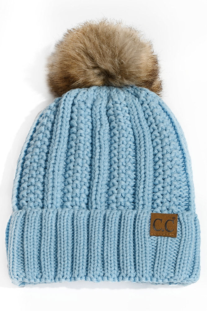 C.C. Knit Pom Beanie with Fuzzy Lining